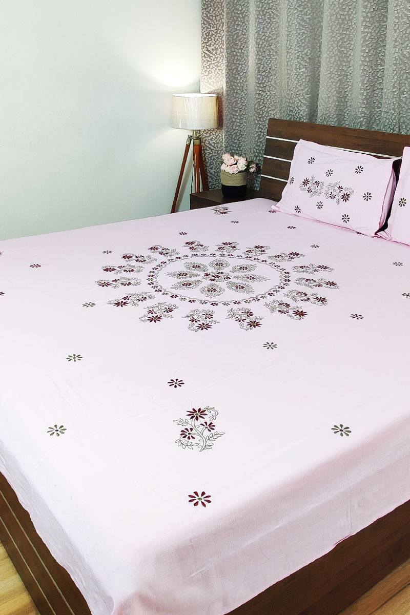 Pink Color Lucknowi Chikankari Cotton bedsheet MC251785